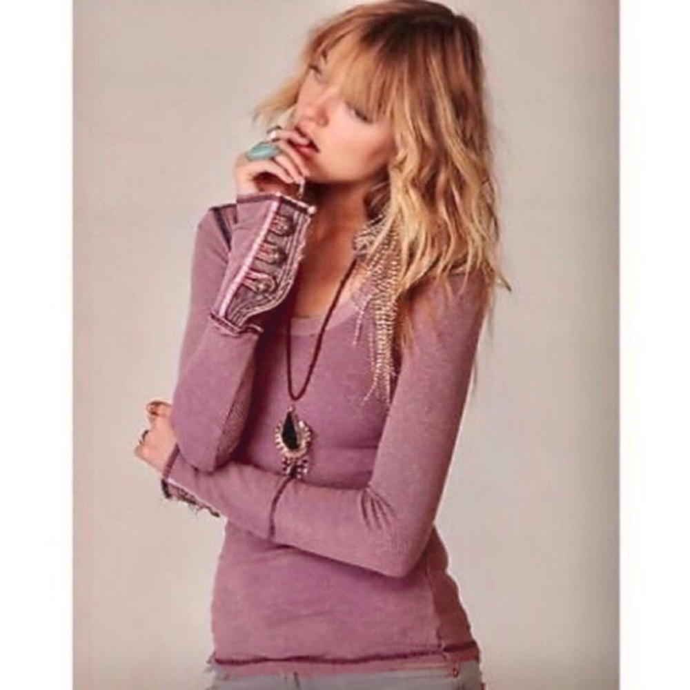 FREE PEOPLE Motor Cuff Military Waffle Thermal Long Sleeve in Mauve Pink